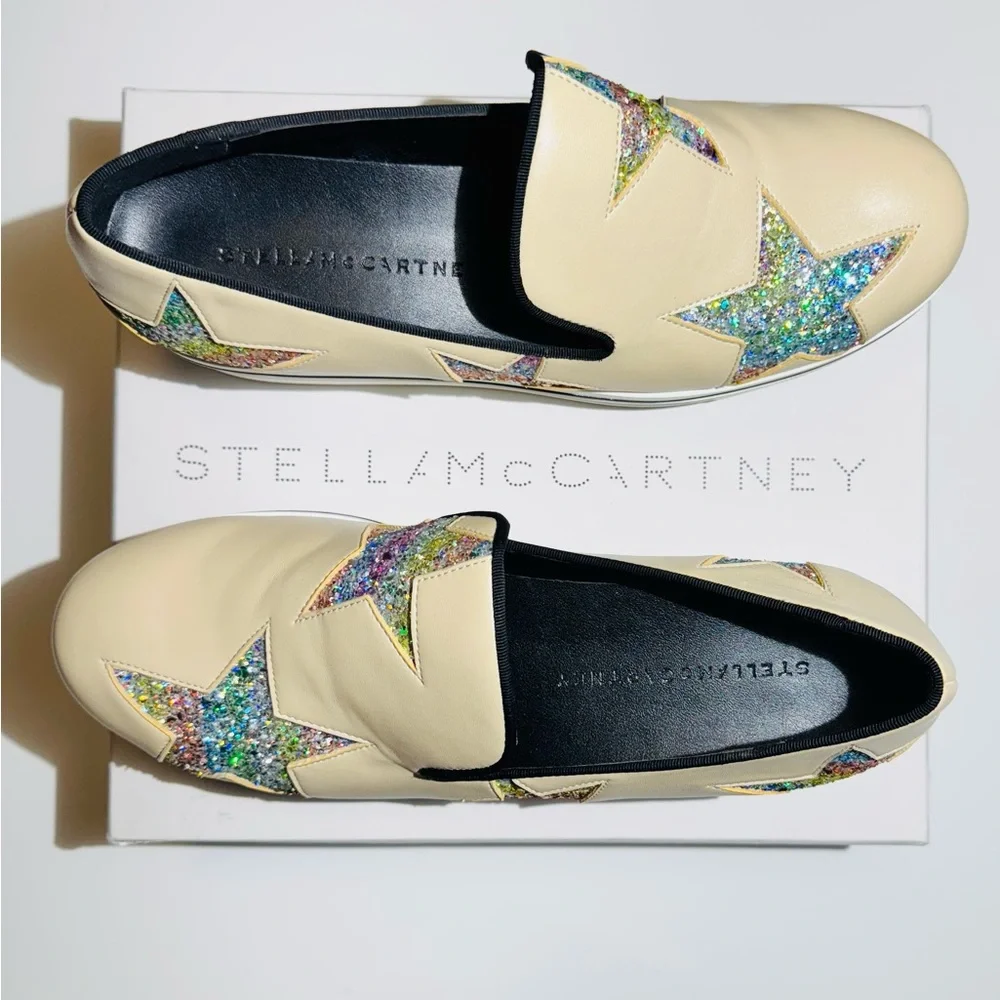 Stella McCartney Beige Platform Slip-On Sneakers with Holographic Star Appliques